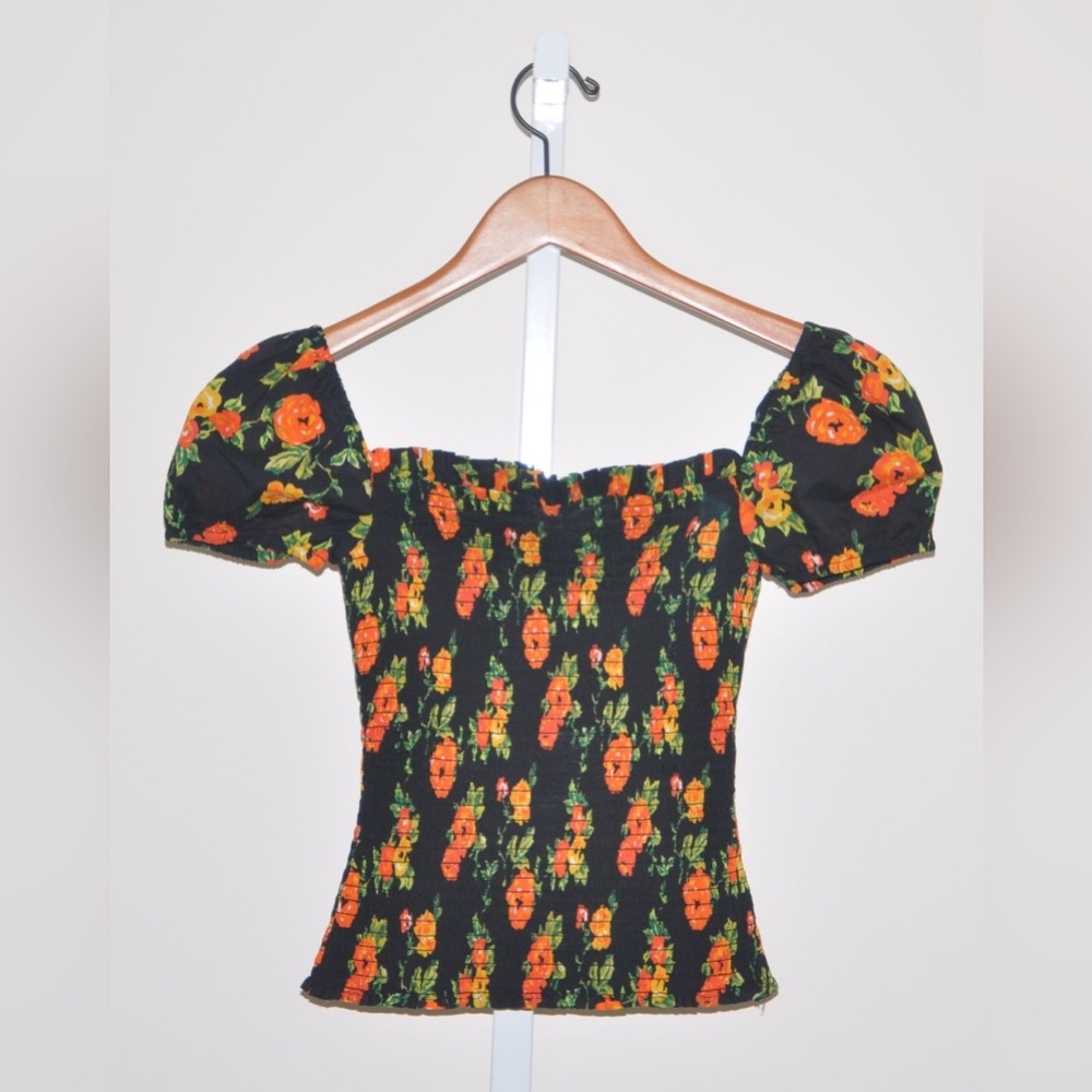 NEW Caroline Constas Malta Top Blouse Stretch Smocked Black Floral Size XS